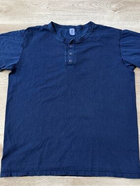 Vintage 40s 50s Style Velva Sheen Tubular Knit Indigo Dyed Henley T Shirt Men XL